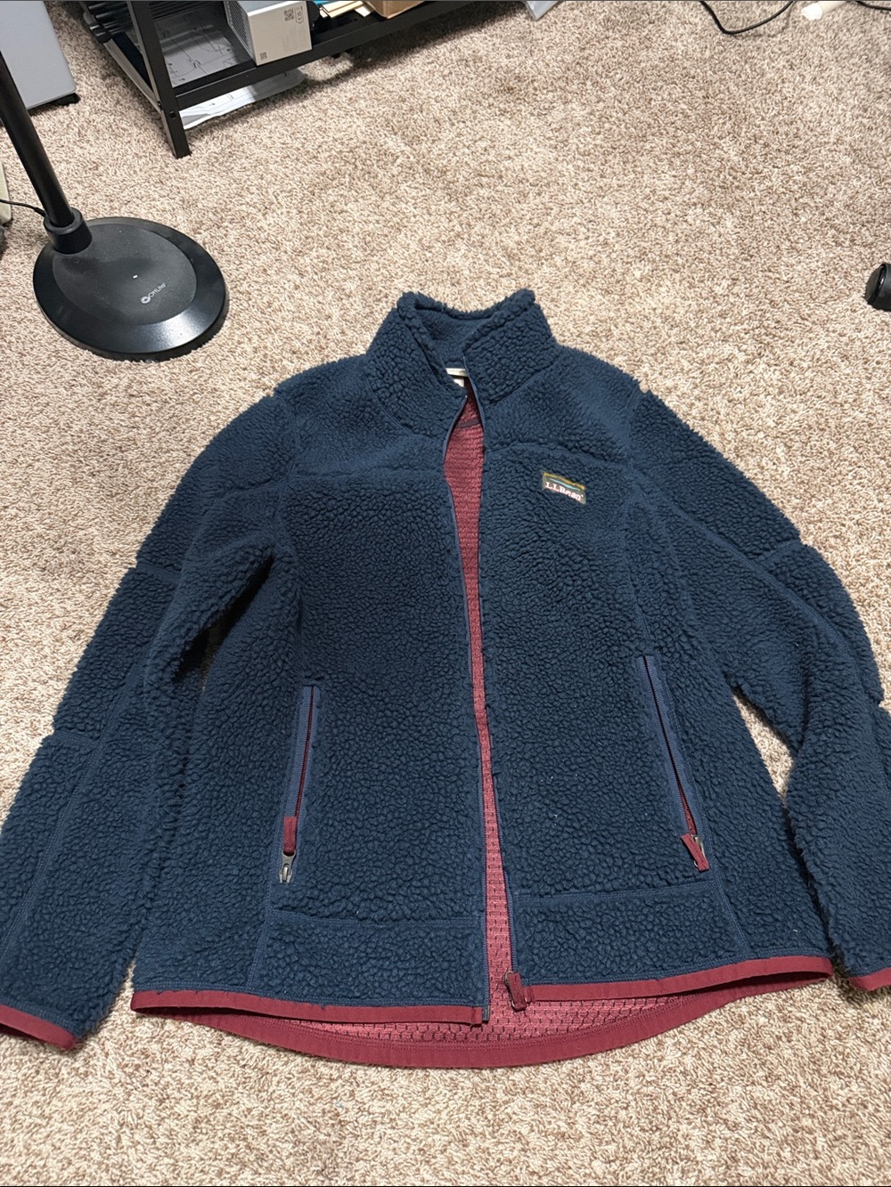 L.L. Bean Navy Sherpa Jacket with Burgundy Trim